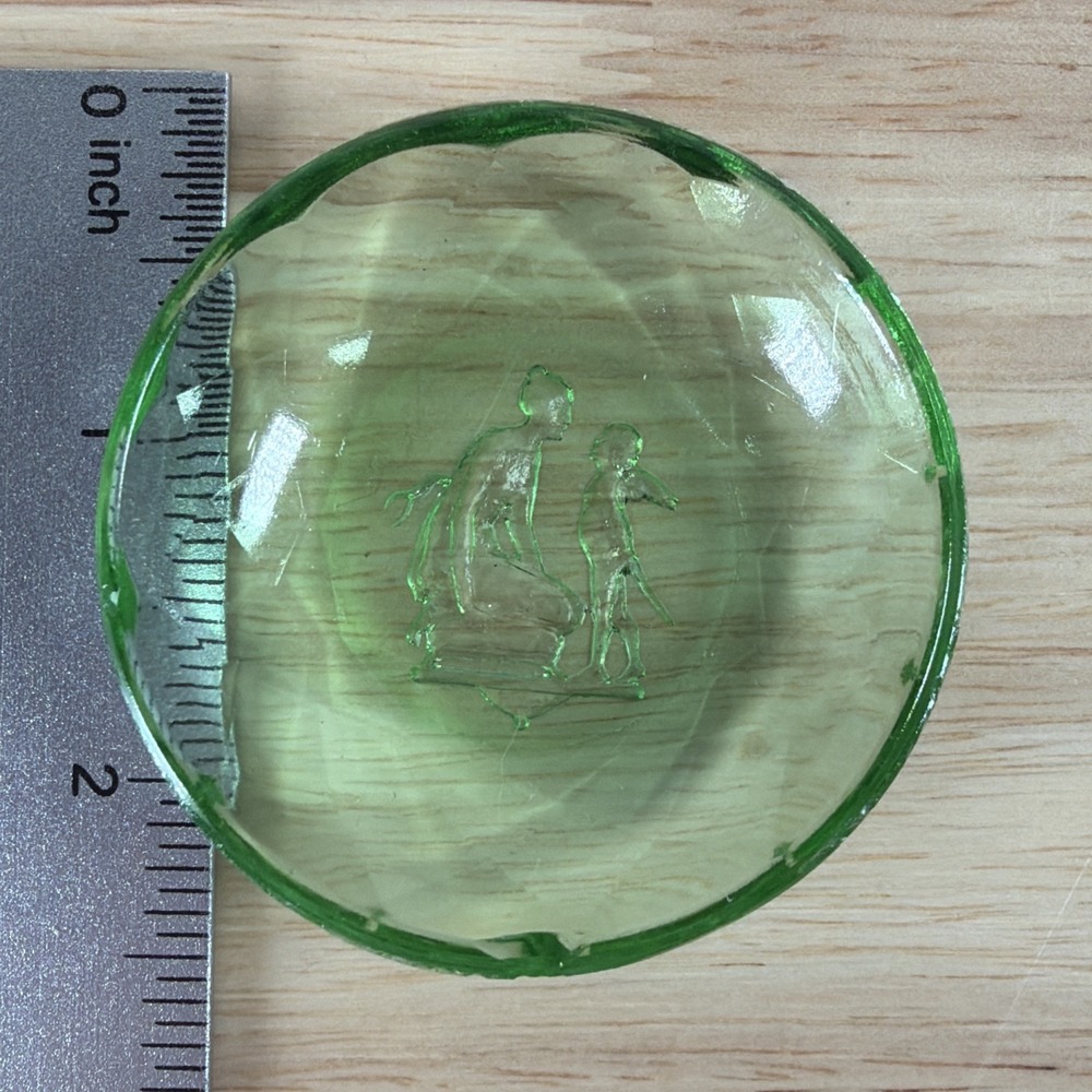 Chip* Vintage Czech Intaglio Deep Green Etched Woman Child Salt Cellar Dish